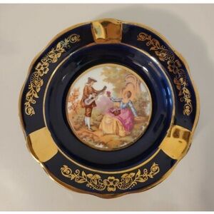 Vintage Limoges France Cobalt Blue & 24k Gold Courting Couple China Ashtray